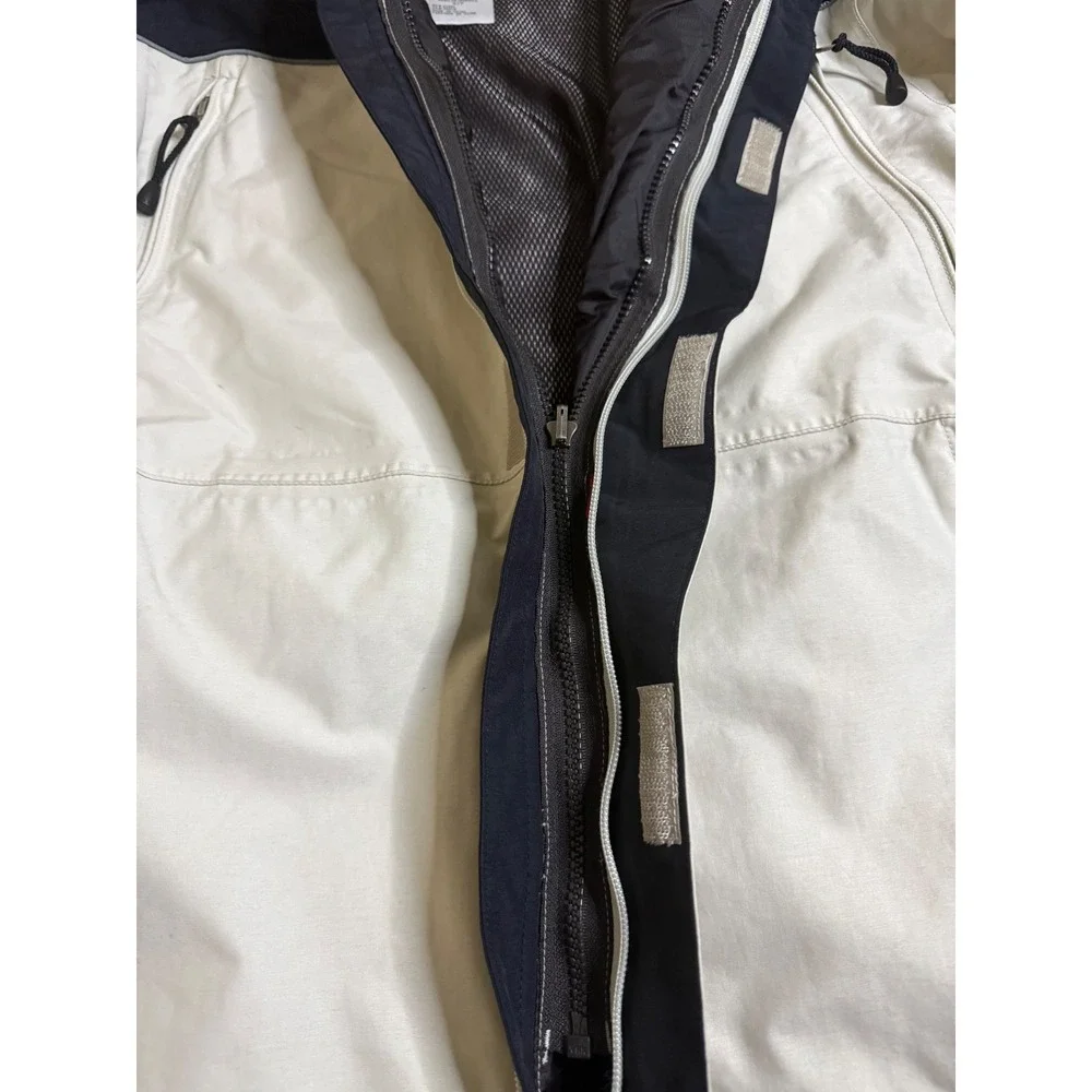 The North Face HyVent Parka Jacket Men L Cream Black Hooded Colorblock